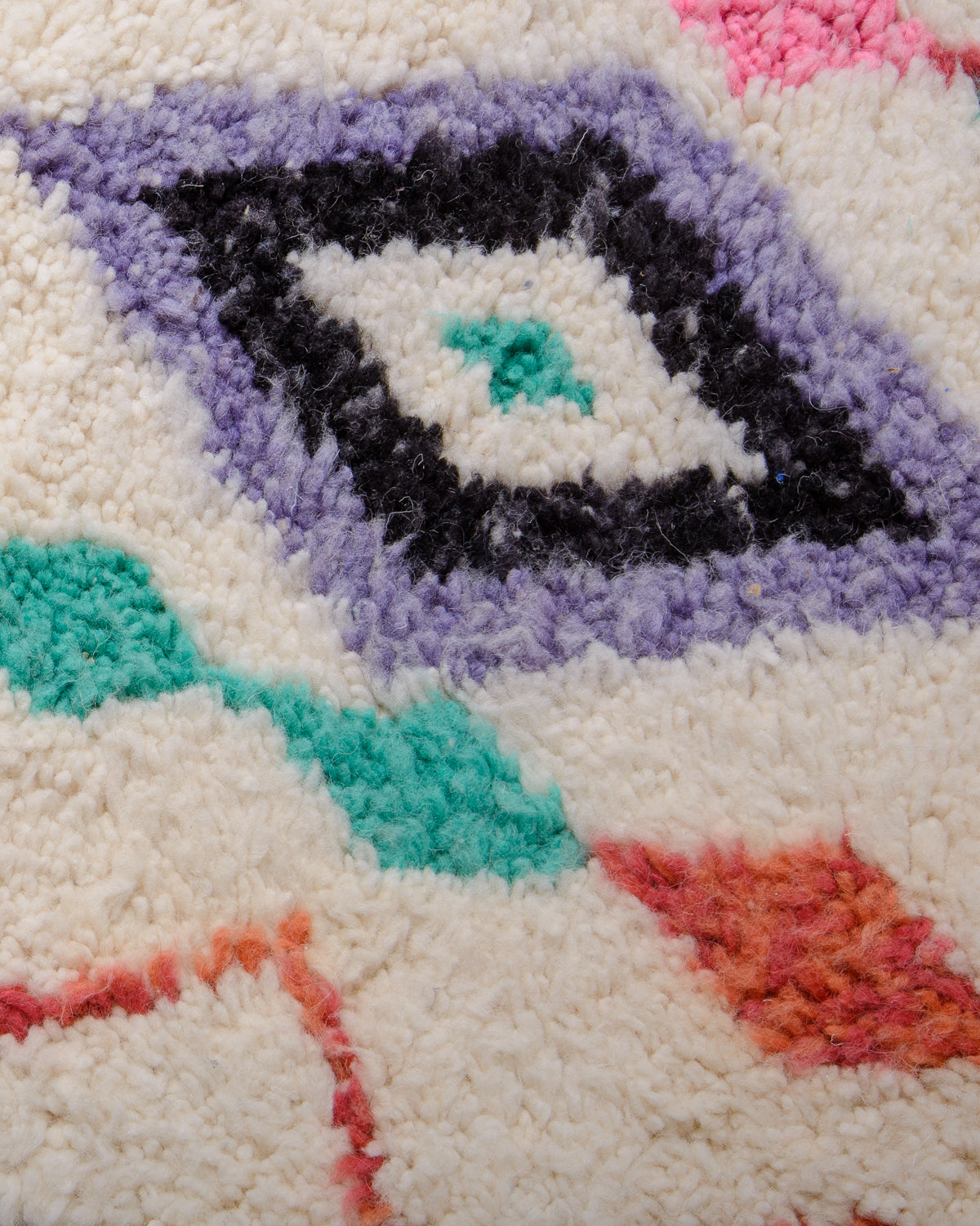 Modern, designer, handcrafted Berber rug from Morocco. Beniourain carpet with beautiful colours and patterns and fluffy wool texture.